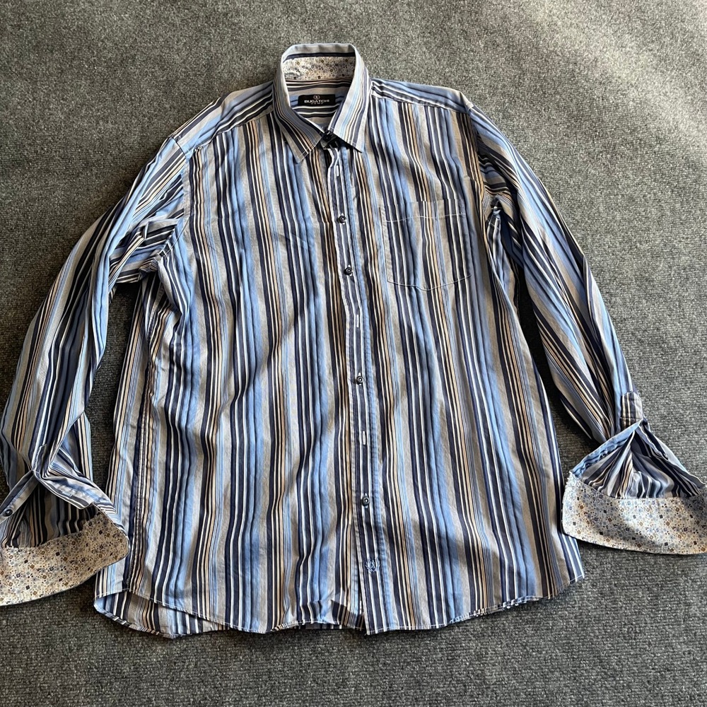 Bugatchi Uomo Mens XLT Blue Striped Long‎ Sleeve Button Down Shirt Floral Trim